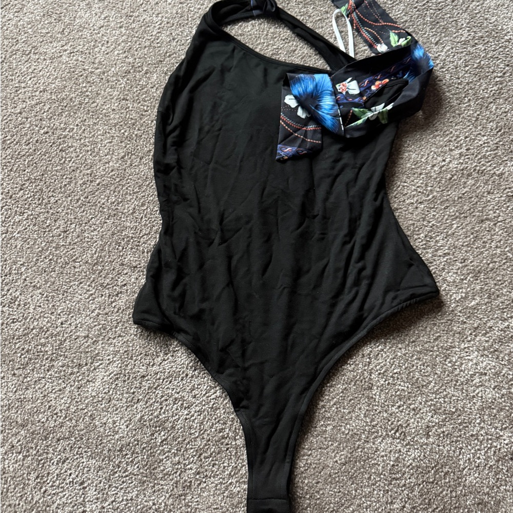 Lulu's Black Bodysuit with Tie-Accent Strap
